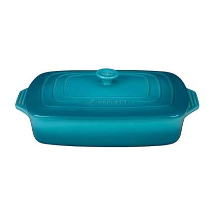 blue rectangular covered casserole dish