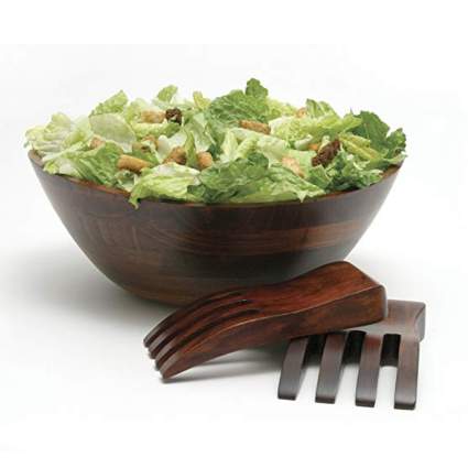 cherry finished wooden salad bowl and servers