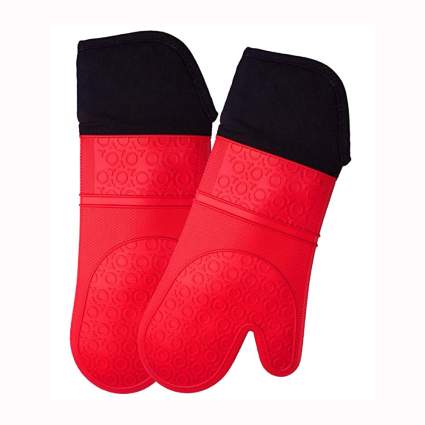 red extra long professional silicone oven mits