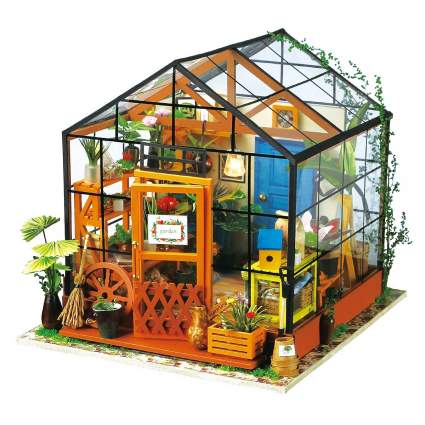 ROBOTIME DIY Dollhouse Wooden Miniature Furniture Kit Mini Green House with LED