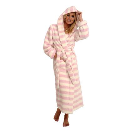 pink and white hooded fleece robe