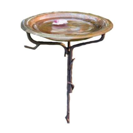 solid copper birdbath with iron twig stand