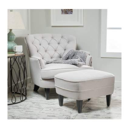 tufted fabric reading chair and ottoman