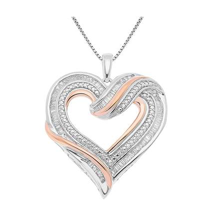 silver and rose gold diamond heart necklace