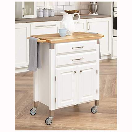 white rolling kitchen cart with bamboo top